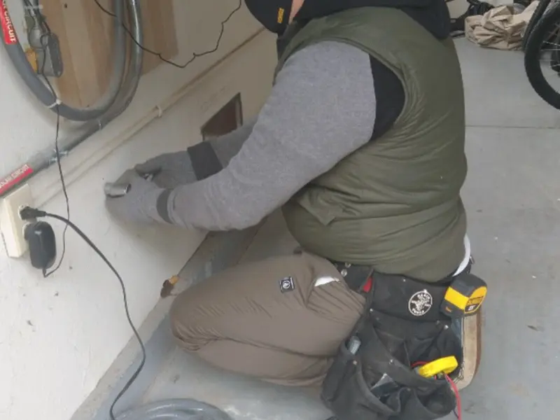 Electrician performing outlet wiring in a Dowagiac garage
